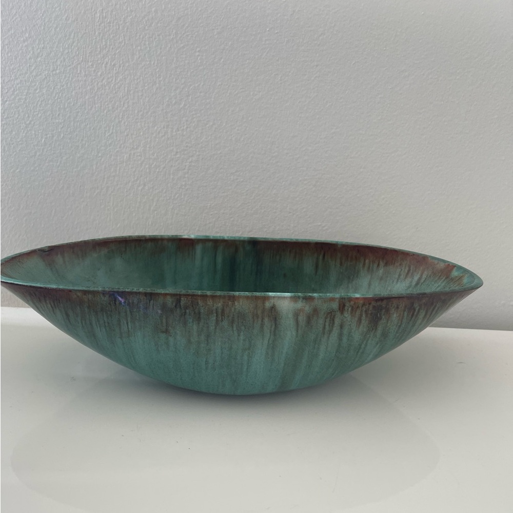 Mid Century Turquoise & Brown Drip Glaze Bowl  4” T x 14 1/2” long